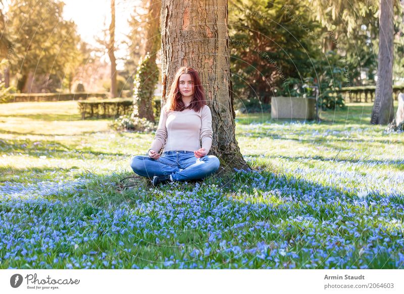 Meditation on spring meadow Lifestyle Style Joy Happy Healthy Harmonious Well-being Contentment Senses Relaxation Calm Fragrance Human being Feminine