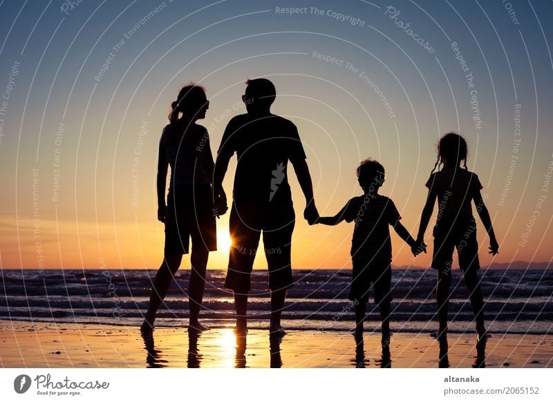 Silhouette of happy family Lifestyle Joy Leisure and hobbies Playing Vacation & Travel Trip Adventure Freedom Summer Sun Beach Ocean Sports Child Boy (child)