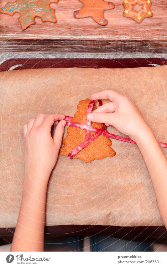 Female hands tying baked Christmas gingerbread with ribbon Decoration Feasts & Celebrations Christmas & Advent Human being Woman Adults Hand 1 String Make