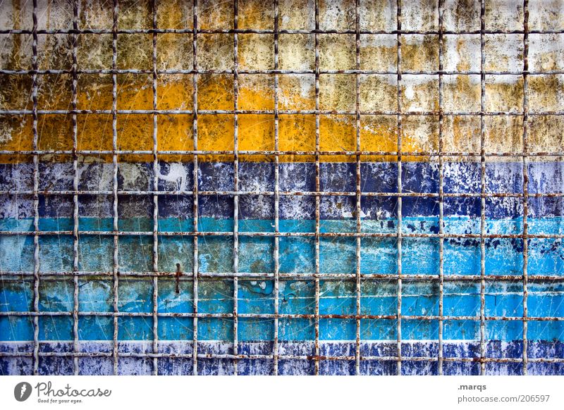 behind bars Fence Line Stripe Old Broken Blue Yellow Decline Transience Background picture Grating Grid Metal Change Colour photo Multicoloured Close-up