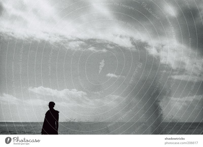 Man and Nature Far-off places Freedom Summer Ocean Human being 1 Environment Landscape Water Drops of water Sky Clouds Horizon Wind Gale Black & white photo
