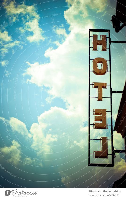 Honey, over the weekend, you want to... hotel? Sky Clouds Beautiful weather Hotel Advertising Letters (alphabet) Metal Copy Space left Sunlight