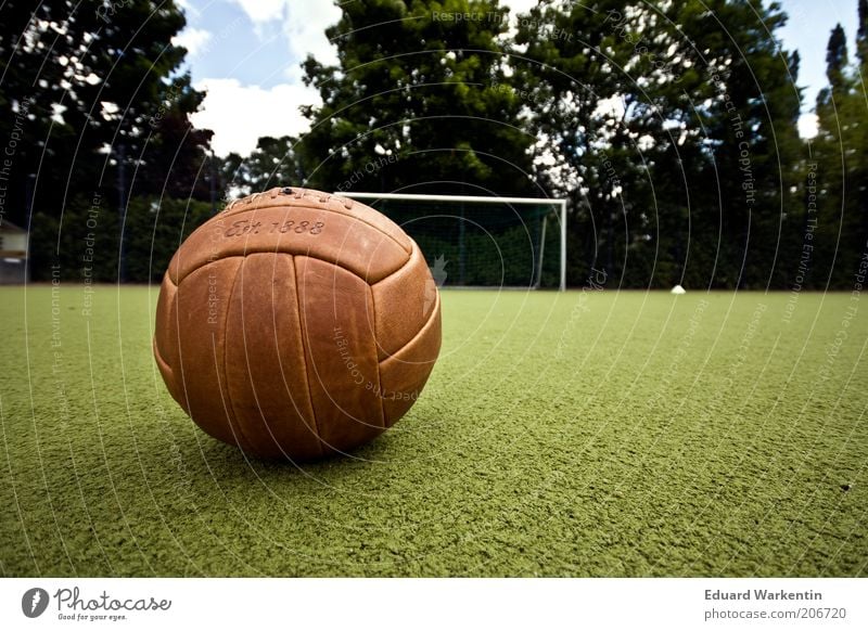Back then Leisure and hobbies Ball sports Foot ball Sporting Complex Football pitch Historic Retro Goal Grass surface Playing field Old Brown Colour photo
