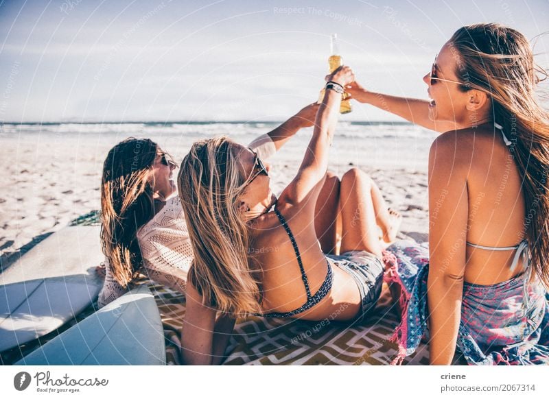 Surfer girls cheering with beer bottles on beach Drinking Alcoholic drinks Beer Bottle Lifestyle Joy Happy Leisure and hobbies Vacation & Travel Adventure