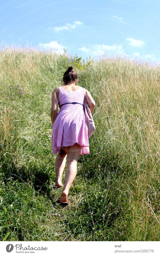 Diving into the sky Feminine Young woman Youth (Young adults) 1 Human being Nature Landscape Plant Sky Summer Beautiful weather Grass Bushes Hill Dress Brunette