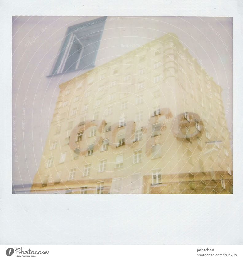 Polaroid double exposure. High-rise building and a café lettering House (Residential Structure) Café Double exposure Munich Manmade structures built