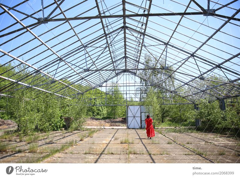 AST 10 | red on green under blue Feminine Woman Adults Human being Beautiful weather Plant Ruin Manmade structures Architecture Market garden Door Roof Dress