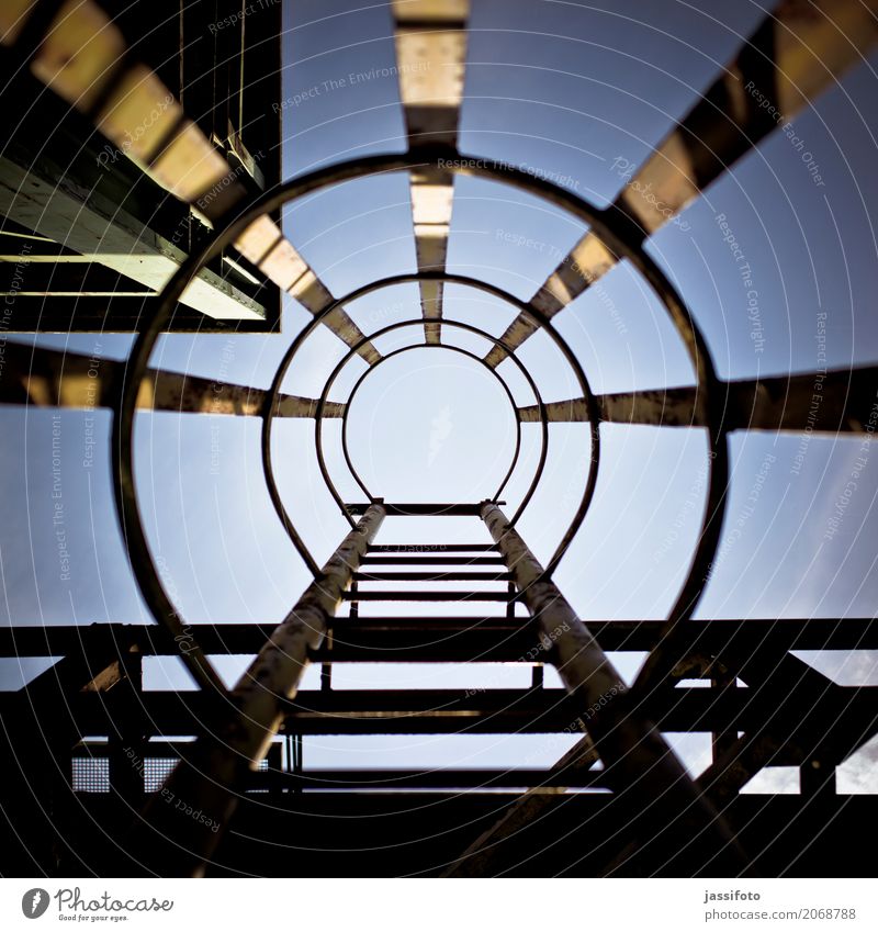 ladder Ladder Tall Blue Fear Advancement Target staircase Sky Industry The Ruhr steel ladder Upward up Skyward Above Rung Direction Tunnel vision Colour photo