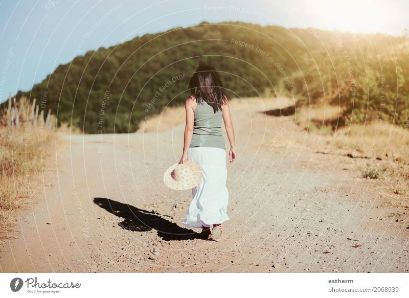 Back view of a woman walking to the field Lifestyle Elegant Beautiful Wellness Vacation & Travel Trip Adventure Freedom Human being Feminine Young woman