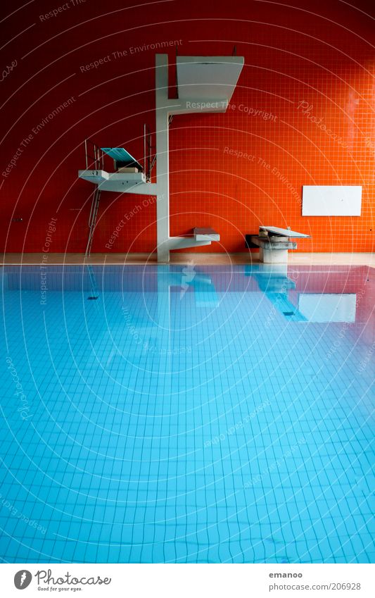 fin. Sports Aquatics Swimming pool Water Sharp-edged Blue Red Tower Springboard Pool border Colour photo Multicoloured Interior shot Pattern