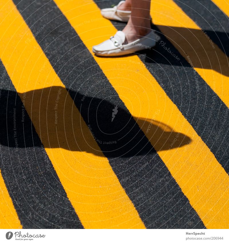 Black and yellow quo vadis? Feet 1 Human being Ground markings Footwear Yellow Striped Warning colour Shadow Grainy Colour photo Exterior shot Light Contrast