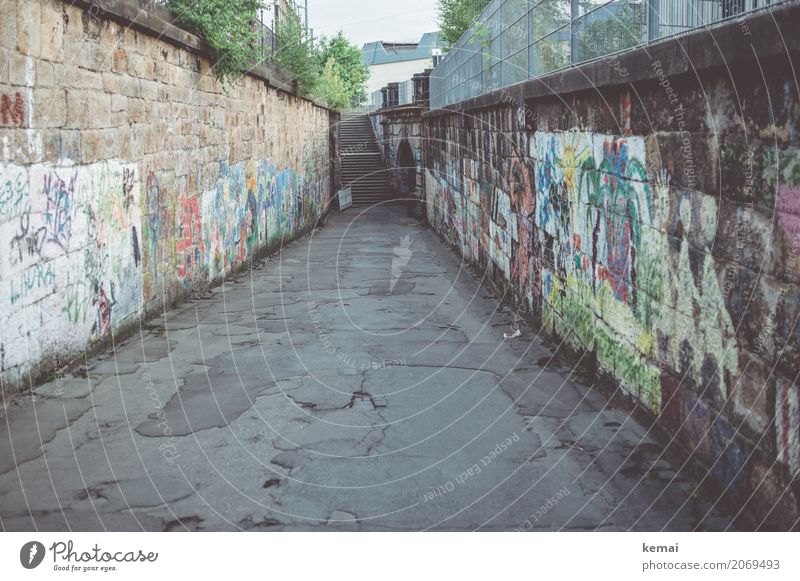 AST 10 | Paths in Chemnitz City trip Town Downtown Deserted Wall (barrier) Wall (building) Street Lanes & trails Asphalt Graffiti Old Authentic Dark Long Trashy