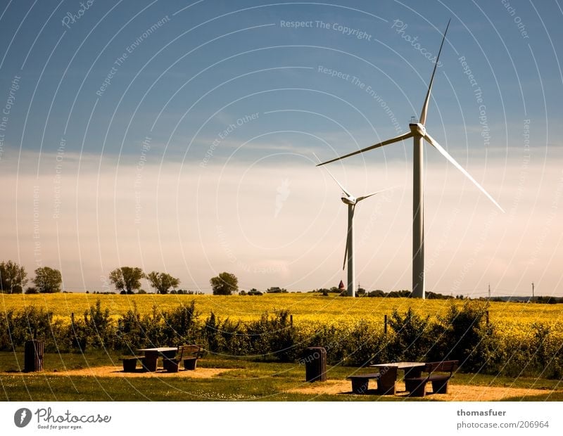 Picnic with ventilation Advancement Future Energy industry Renewable energy Wind energy plant Environment Sky Summer Climate Beautiful weather Field