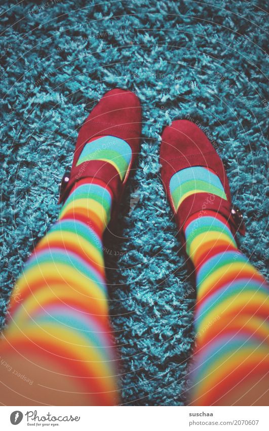 the red shoes Footwear Stockings Striped pantyhose Sock buckle shoes Carpet Legs Thin Crazy Exceptional color combination Strange Red Cyan Yellow Multicoloured