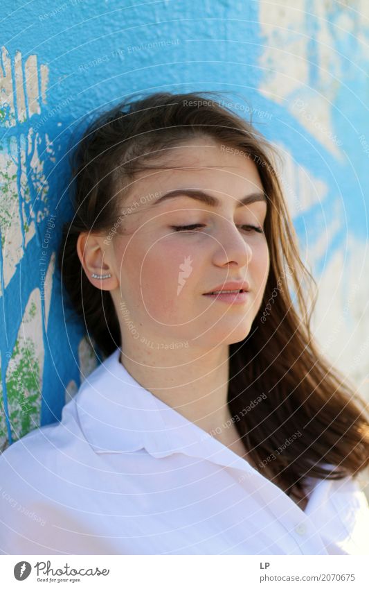 redhead girl on blue background Lifestyle Elegant Style Joy Beautiful Hair and hairstyles Make-up Wellness Harmonious Well-being Contentment Senses Relaxation