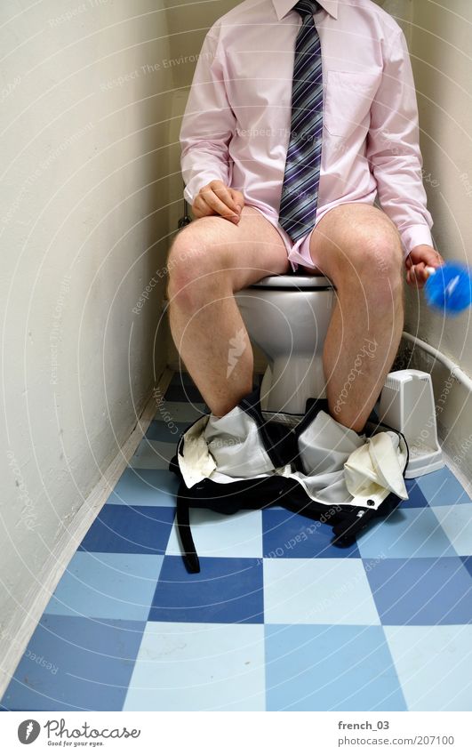 civilized business Masculine Man Adults Legs 1 Human being Clothing Shirt Tie Hair Sit Blue Violet Pink Cleanliness Whimsical Toilet Toilet brush Colour photo