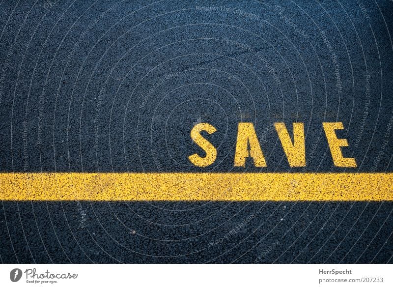 SAVE Street Characters Signs and labeling Yellow Black Colour photo Exterior shot Close-up Deserted Copy Space left Copy Space top Bird's-eye view Lane markings