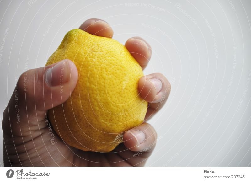 VItamine firmly under control Food Fruit Nutrition Organic produce Vegetarian diet Fasting Hand Fresh Sour Sweet Yellow White Lemon Lemon yellow Pushing
