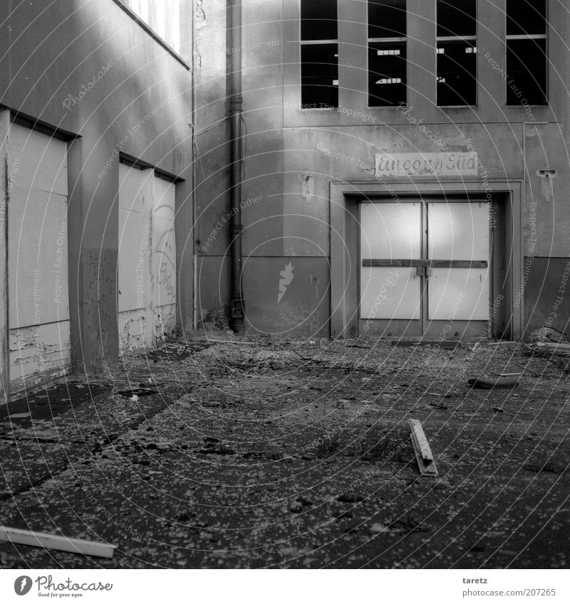 entrance Prora Old Door Entrance Closed Ruin Window Oppressive Shabby Derelict Forties Calm Past Signs and labeling Simple Sunlight Perspective Expectation