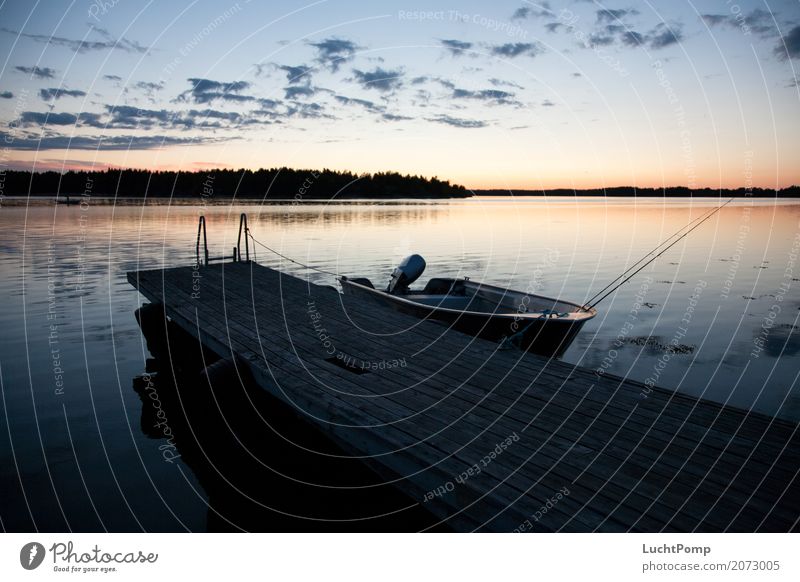 Out again Footbridge Clouds Dusk Weather Fisherman Fishing (Angle) Watercraft Fishing rod Skerry Vacation & Travel Reflection Loneliness Relaxation Idyll Dark