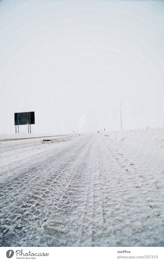 Absolutely cool! Winter Ice Frost Snow Street Road sign Fresh Cold Skid marks Tire tread Colour photo Exterior shot Structures and shapes Deserted