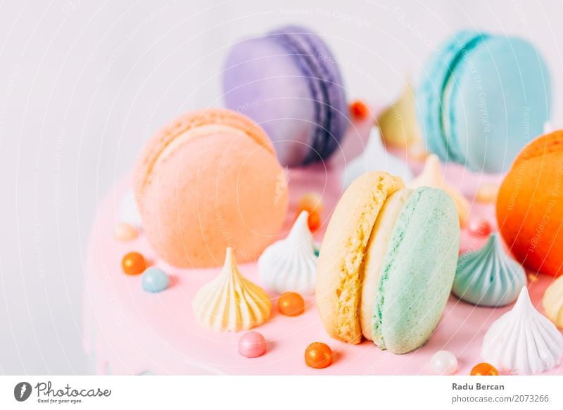 Colorful Macaron Birthday Cake And Sweet Candy Topping Food Dessert Nutrition Eating Feasts & Celebrations Gastronomy To feed Feeding Happiness Fresh Delicious