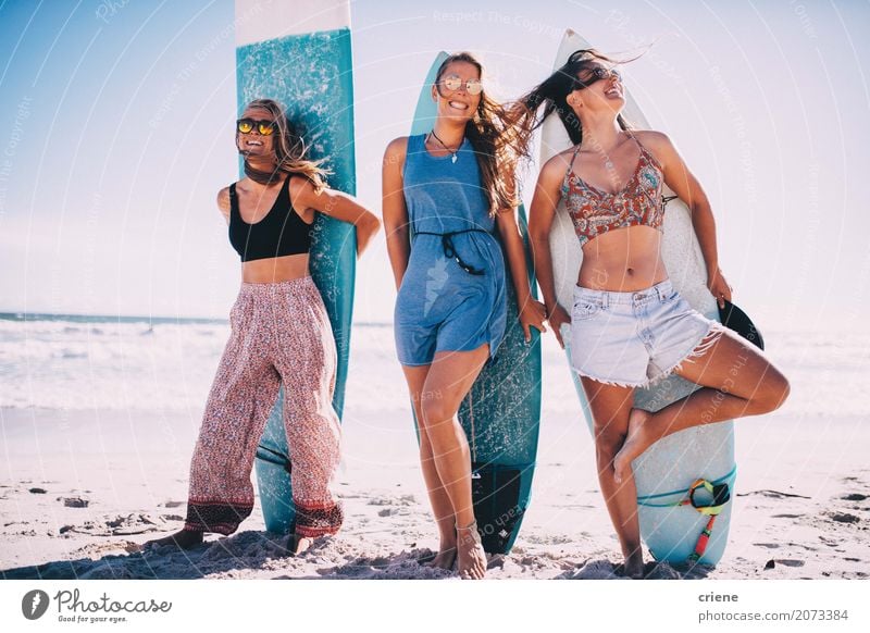Group of girls having fun with surfboards on beach Joy Vacation & Travel Freedom Summer Summer vacation Sun Beach Ocean Sports Woman Adults Friendship