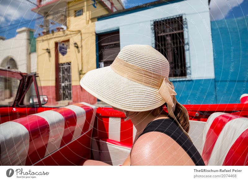 lady Village Small Town Hot Blue Multicoloured Red Black White Cuba Vintage car Motoring Convertible Freedom Hat Sunhat House (Residential Structure) Old