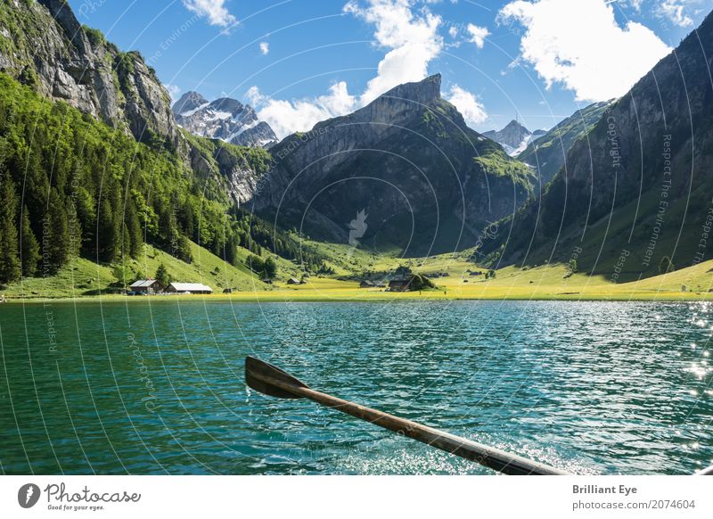 Rowing on the Seealpsee Leisure and hobbies Oar Rowboat Vacation & Travel Trip Summer Mountain Hiking Nature Landscape Water Spring Movement Green Turquoise