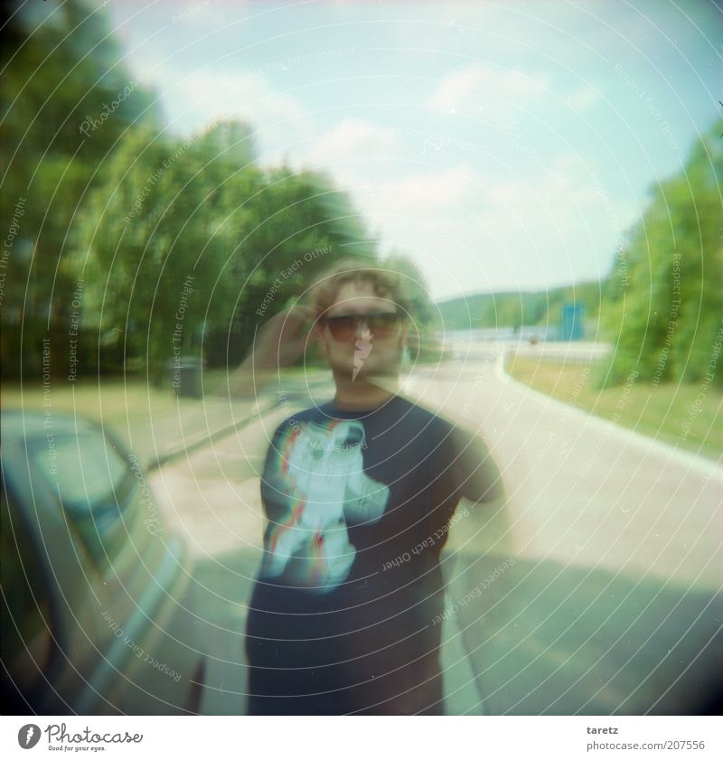 Dr. Gonzo Masculine 1 Human being 18 - 30 years Youth (Young adults) Adults Retro road trip Highway Resting place Sunglasses Surrealism Vignetting Blur