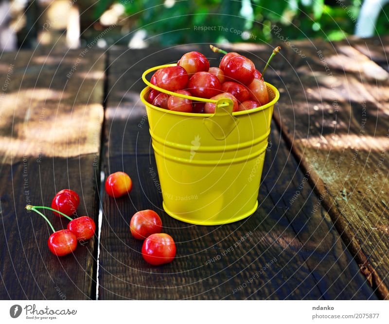 Ripe pink cherry Fruit Dessert Vegetarian diet Summer Table Wood Eating Fresh Bright Natural Retro Juicy Yellow Pink Red ripe many Berries sweet Organic Crops