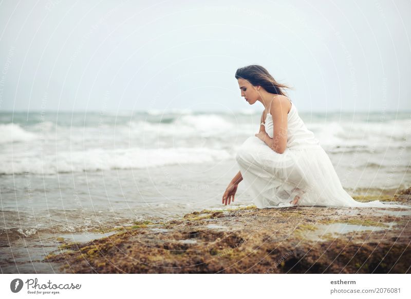 Pensive woman on the beach Lifestyle Elegant Style Wellness Vacation & Travel Freedom Human being Young woman Youth (Young adults) Woman Adults 1 18 - 30 years