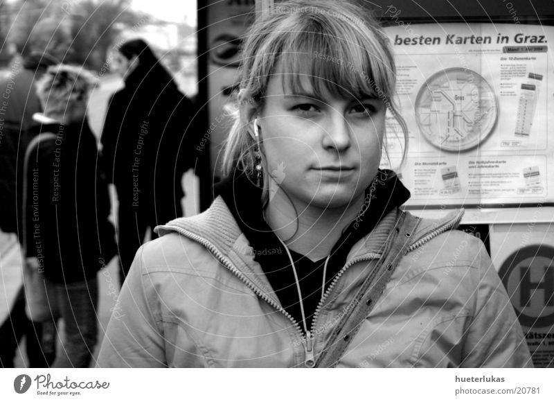 listen to music Portrait photograph Tram MP3 player Music Feminine Blonde Woman Black & white photo Human being Wait