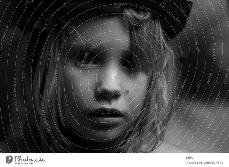 SOPHY THERES Child Face Hat Blonde Looking Dream Sadness Authentic Natural Watchfulness Caution Serene Calm Moody Black & white photo Light Shadow