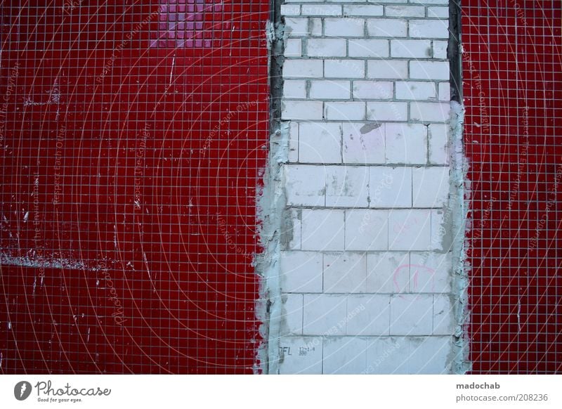 pixel error Wall (barrier) Wall (building) Facade Old Hideous Broken Trashy Gloomy Red White Chaos Uniqueness Tile Colour photo Subdued colour Multicoloured