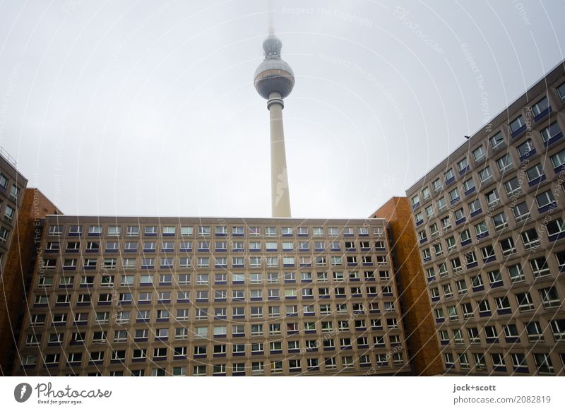 View With television tower Sky Fog Alexanderplatz Capital city Prefab construction Office building Berlin TV Tower GDR Authentic Tall Cold Retro Gloomy Past