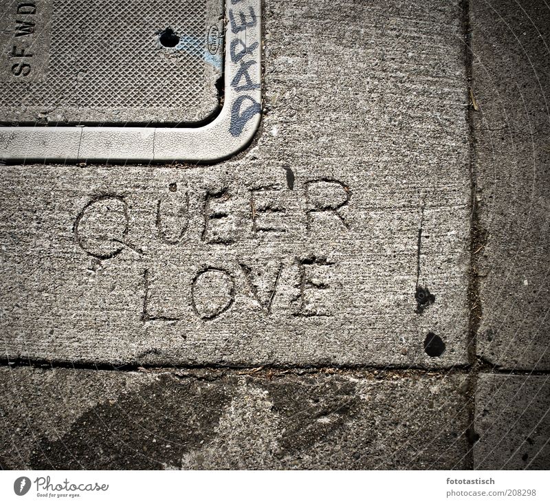 Queer Love Subculture Homosexual Emotions Joie de vivre (Vitality) Tolerant Sidewalk Cement Stone slab Stone floor Seam Furrow queer'r love Gully Gray Gloomy