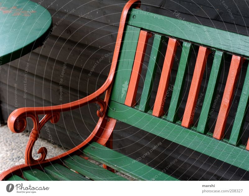 Have a seat! Wood Stripe Green Orange Bench Table Furniture Seating Partially visible Relaxation Colour photo Exterior shot Wooden table Wooden bench