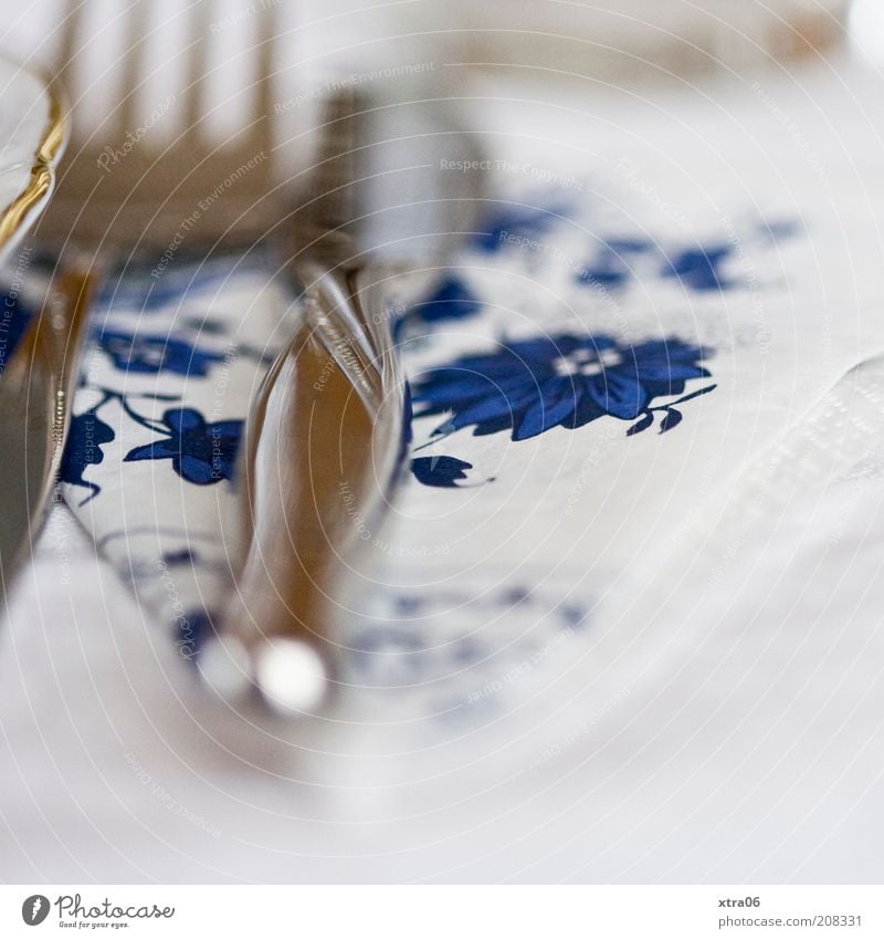cutlery Plate Cutlery Knives Fork Authentic Napkin Colour photo Interior shot Close-up Detail Shallow depth of field Silver Blue White Edge of a plate Gold Blur