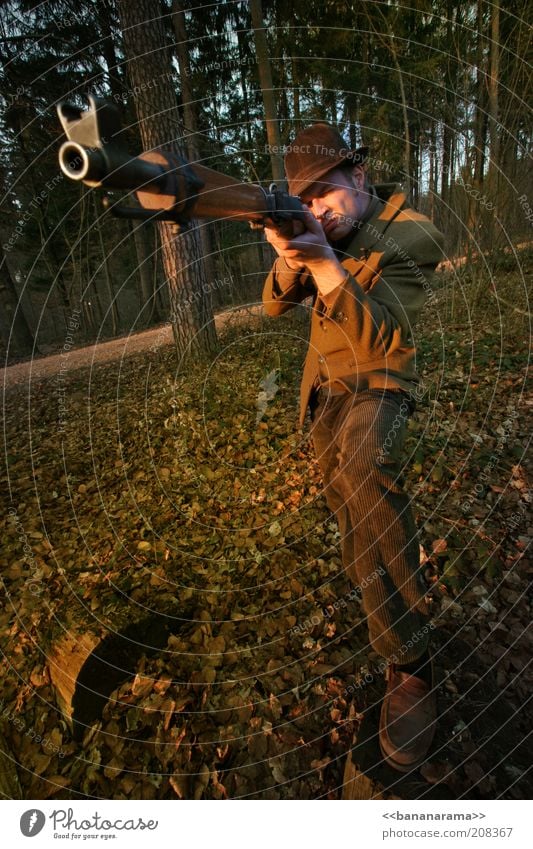 the hunter Masculine Man Adults 1 Human being 30 - 45 years Forest Hat Dangerous Hunter Tyrolean hat Weapon Rifle Aim Hunting Clearing Shoot Gun sight