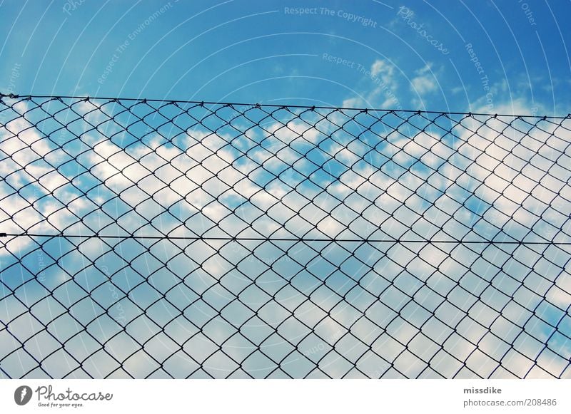 behind bars Air Sky Clouds Beautiful weather Deserted Fence Blue Black White Wanderlust Distress Frustration Esthetic Loneliness Fiasco Revolt Protection