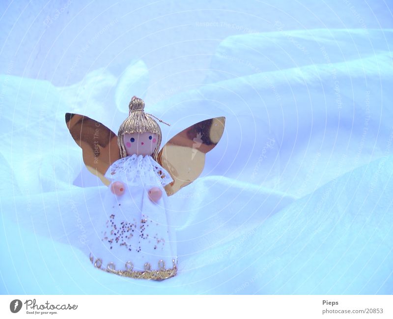 Little white angel (1) Colour photo Interior shot Copy Space right Winter Decoration Doll Kitsch Odds and ends Angel Glittering Gold Public Holiday Hang up