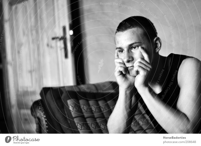 Luke - The Thinker Human being Masculine Young man Youth (Young adults) 1 Looking Esthetic Moody Serene Calm Loneliness Black & white photo Interior shot