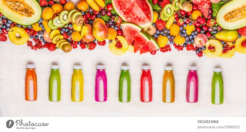 Colourful smoothie and juices with fruit selection Food Fruit Nutrition Organic produce Vegetarian diet Diet Beverage Cold drink Juice Bottle Lifestyle Style