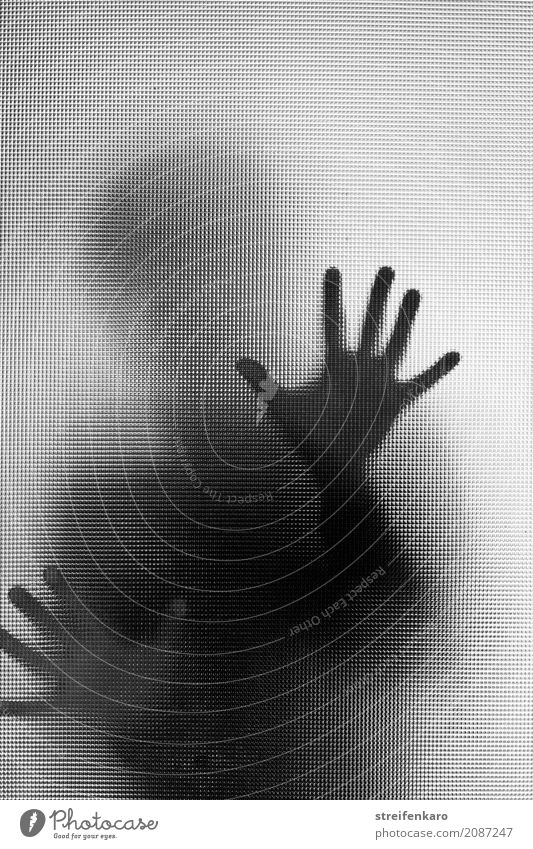 Human silhouette behind a glass pane, hands touching the pane Woman Adults Man Hand 1 Human being Glass Observe Touch Aggression Esthetic Threat Dark Creepy