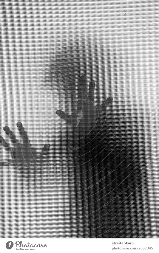 Human silhouette behind a glass pane, hands touching the pane Human being Woman Adults Man Hand 1 30 - 45 years Glass Touch Esthetic Threat Dark Creepy Gray