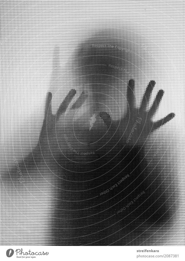 Human silhouette behind a glass pane Human being Woman Adults Man Body Hand 1 Glass Touch Movement Stand Threat Dark Curiosity Impatience Beginning Esthetic