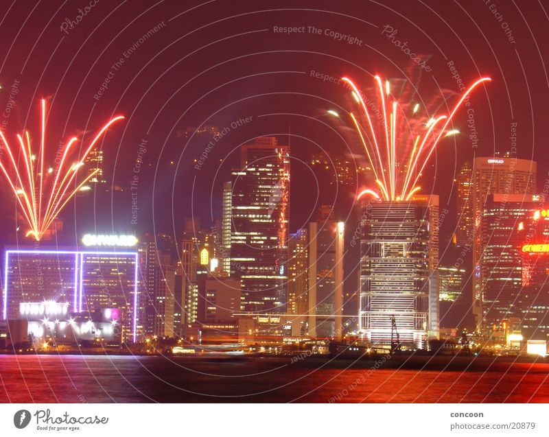 Fireworks in Hong Kong High-rise Advertising Neon light New Year's Eve Explosion Laser Hongkong China Far East Success Skyline Firecracker Feasts & Celebrations