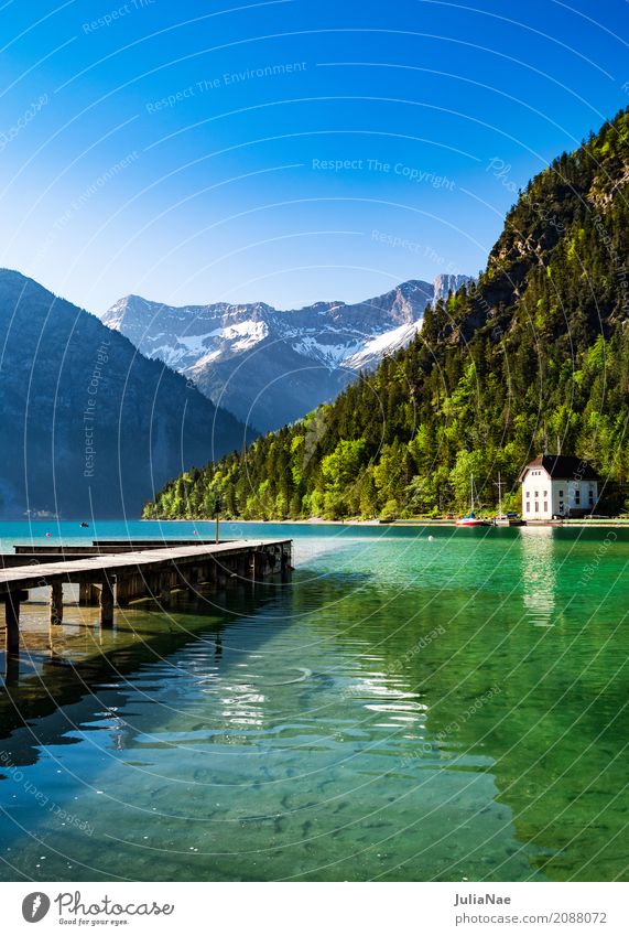 Lake with jetty and mountains in the background Relaxation Calm Vacation & Travel Snow Mountain Nature Landscape Water Sky Cloudless sky Spring