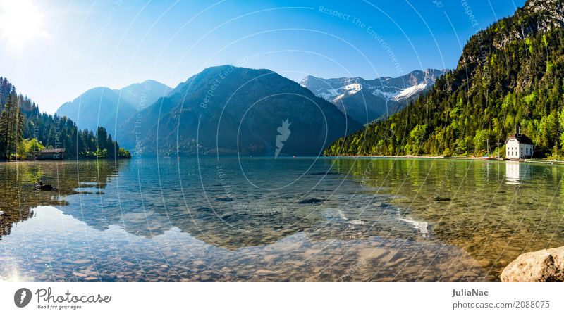 Plansee in Austria in the morning Relaxation Calm Vacation & Travel Sun Beach Mountain Nature Landscape Water Sky Cloudless sky Spring Beautiful weather Forest